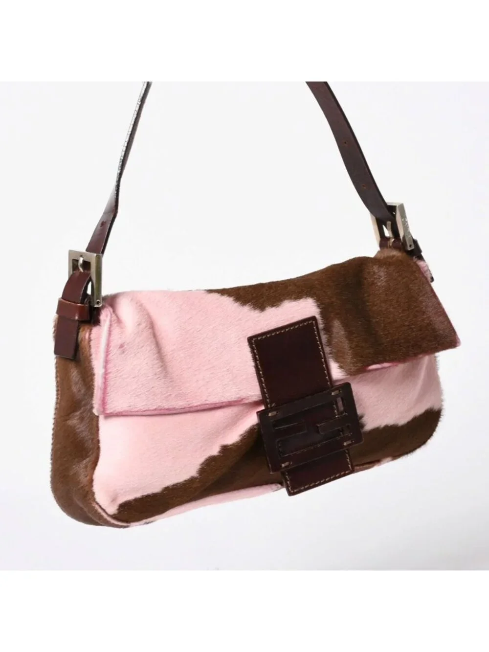 Fendi Mamma Baguette Calf Hair Leather Shoulder Bag Pink Brown Silver